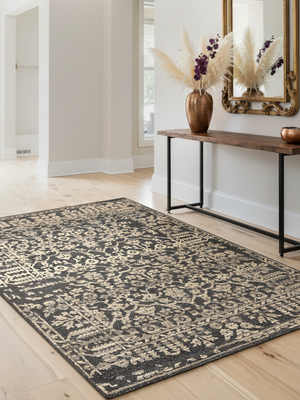 Nazneen Hand-knotted Wool-Silk Persian Rug - Charcoal